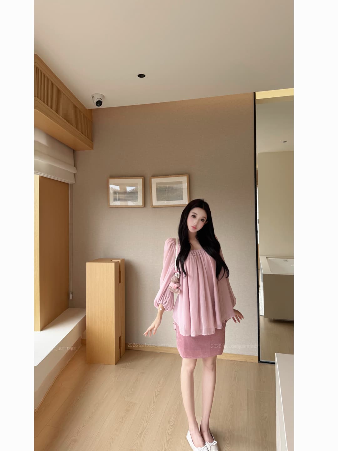 실사 정가 2 가지 색상 긴팔 라운드 넥 시폰 셔츠 여성 슬림해 보이는 품격 니트 반신 스커트 벨벳 반신 스커트 상세 이미지 3