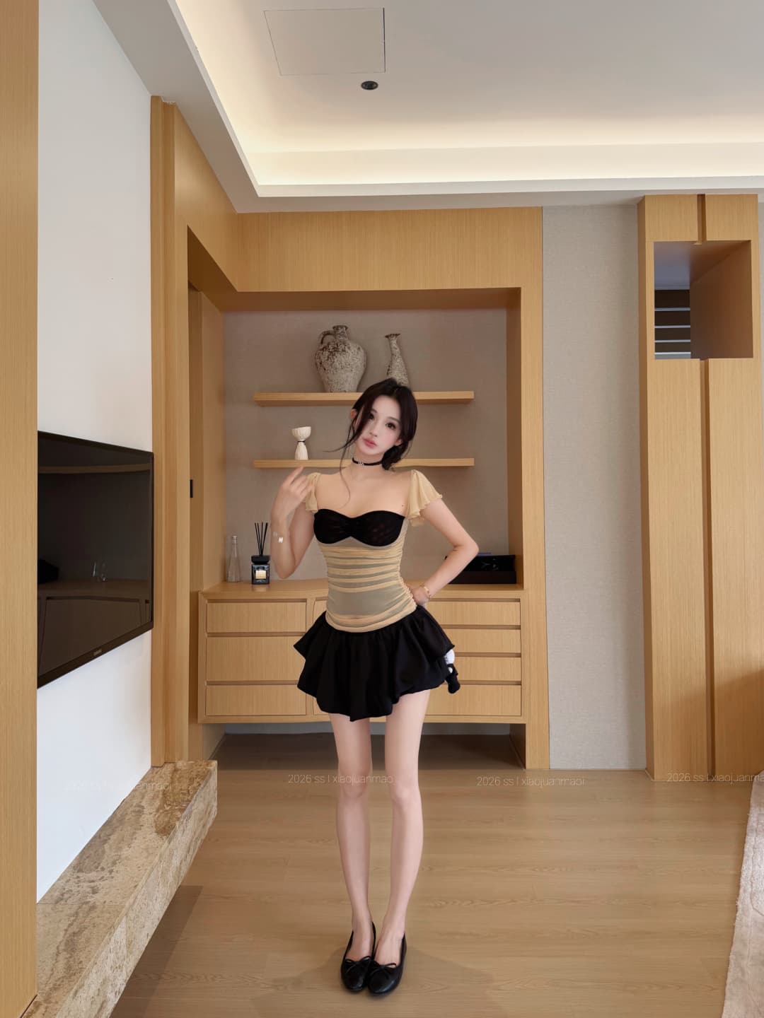 실사 정가 배색 망사 작은 날다 소매 발레 바람 맨위 나만의 것을 가져와 라. 레깅스 여러 단계 미니 스커트 치마바지 상세 이미지 12