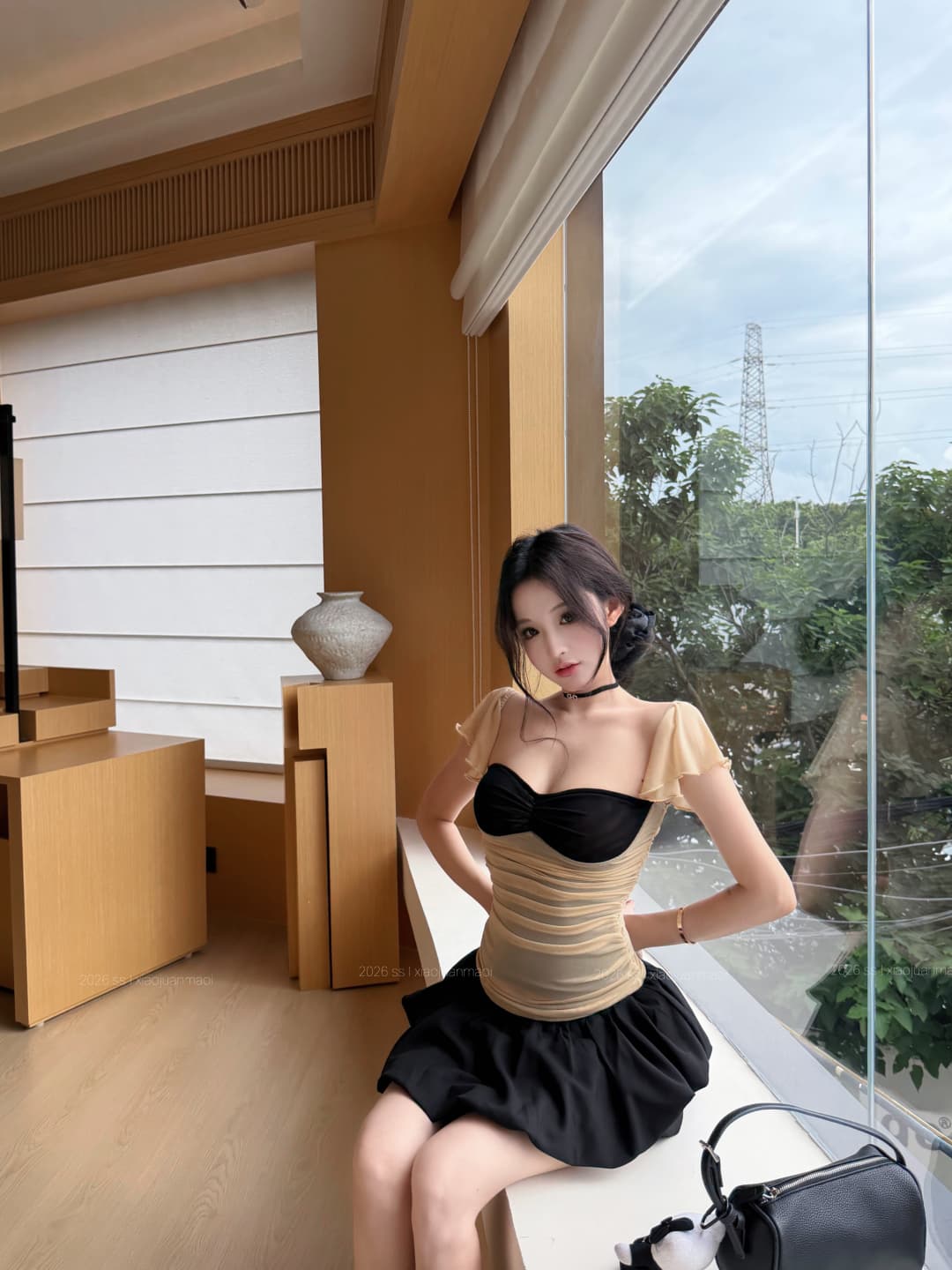 실사 정가 배색 망사 작은 날다 소매 발레 바람 맨위 나만의 것을 가져와 라. 레깅스 여러 단계 미니 스커트 치마바지 상세 이미지 15