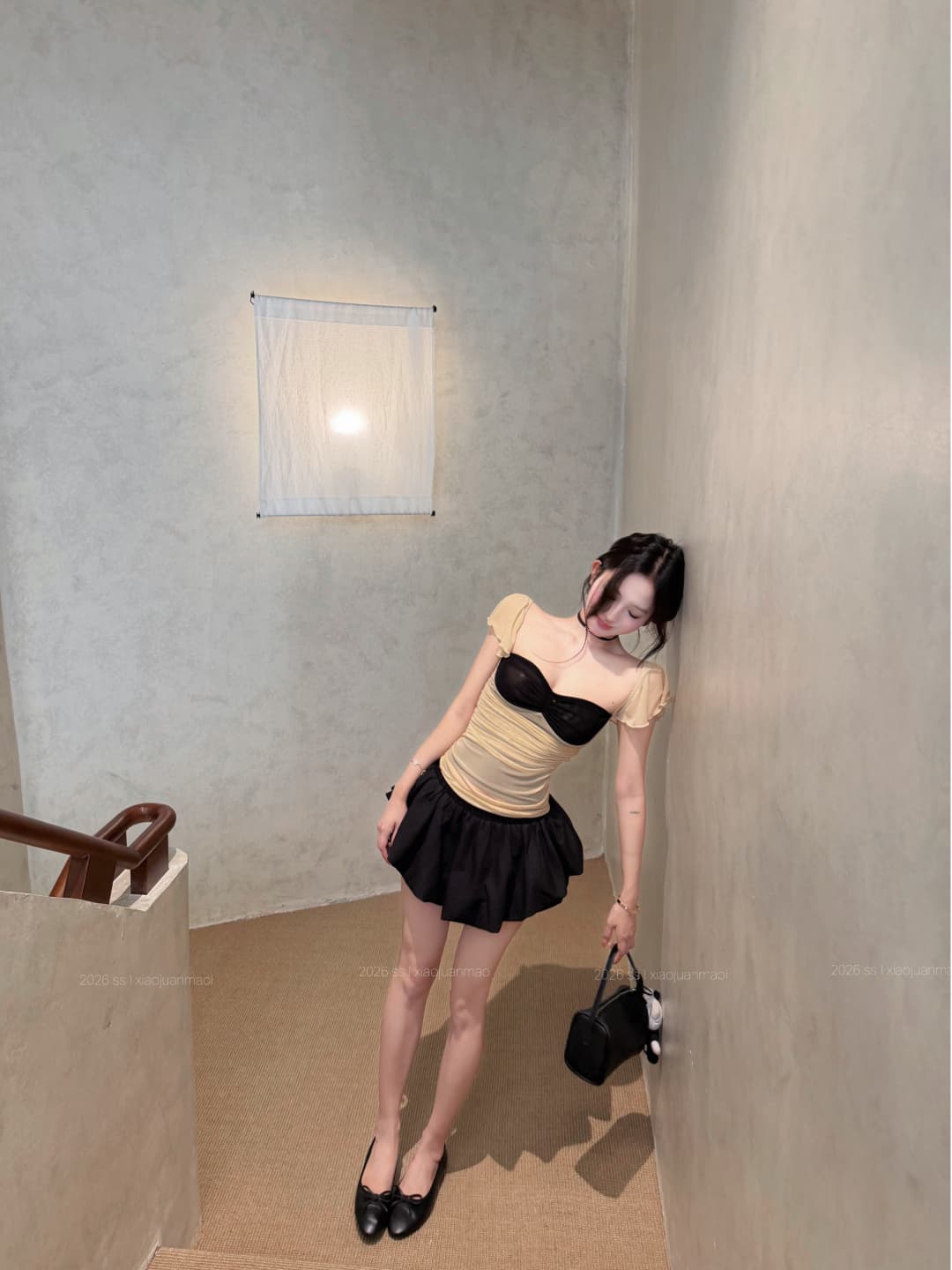 실사 정가 배색 망사 작은 날다 소매 발레 바람 맨위 나만의 것을 가져와 라. 레깅스 여러 단계 미니 스커트 치마바지 상세 이미지 16