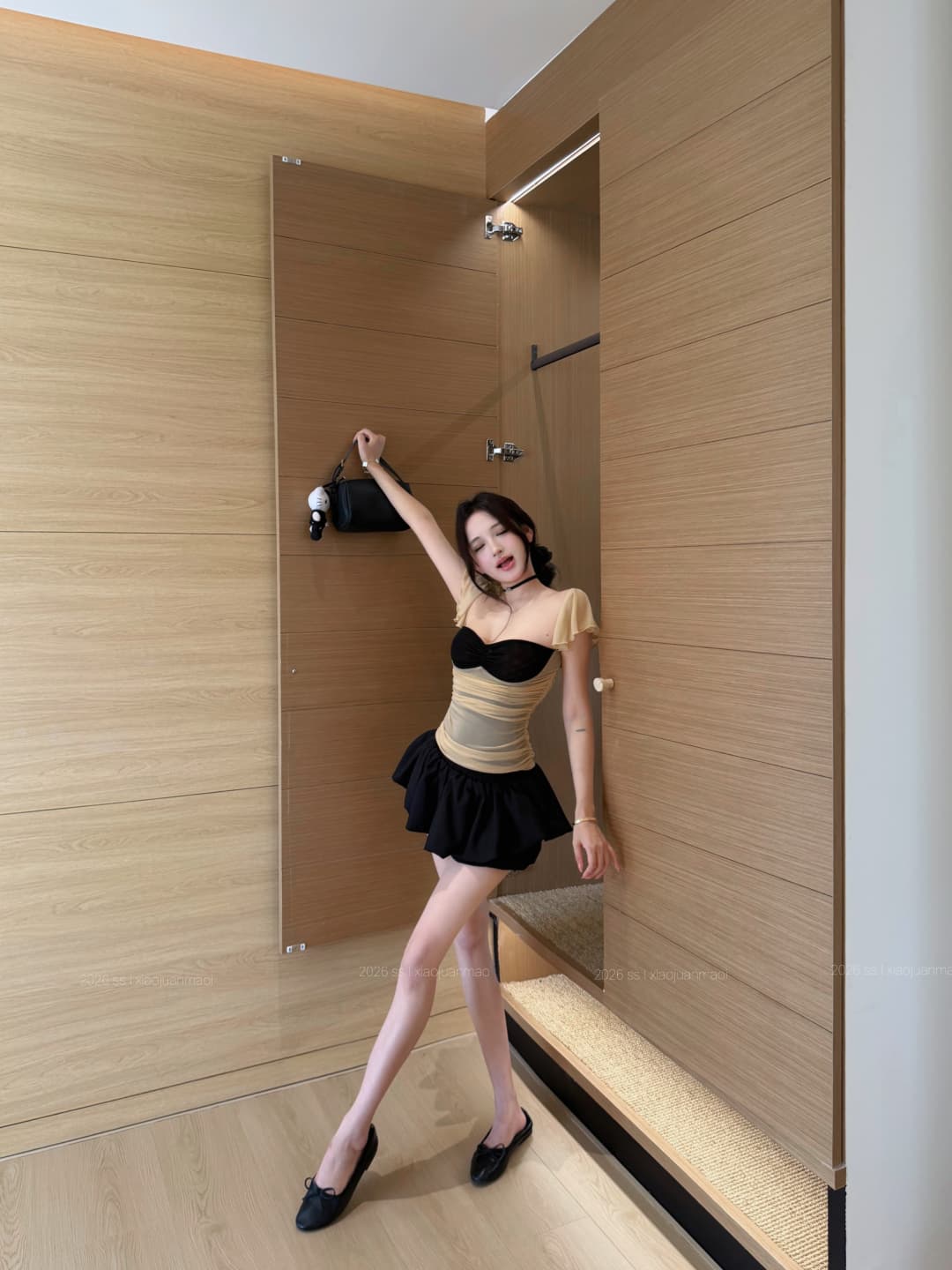 실사 정가 배색 망사 작은 날다 소매 발레 바람 맨위 나만의 것을 가져와 라. 레깅스 여러 단계 미니 스커트 치마바지 상세 이미지 17