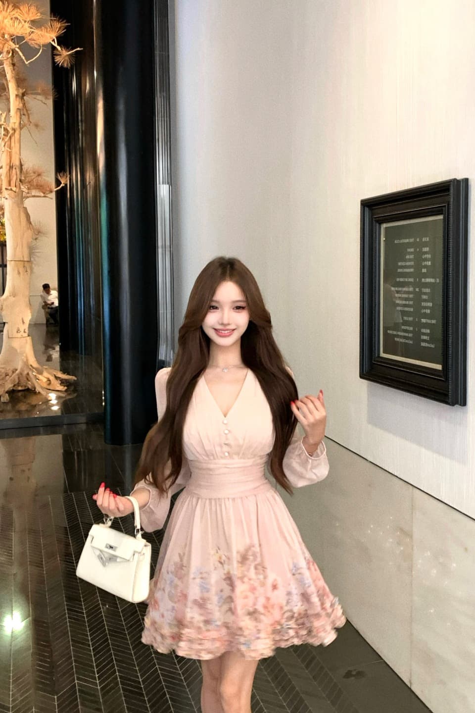 실사 정가 꽃이 떨어지는 꿈 저녁 허리 수축 슬림해 보이는 V넥 프릴 꽃 긴팔 드레스 이미지 5