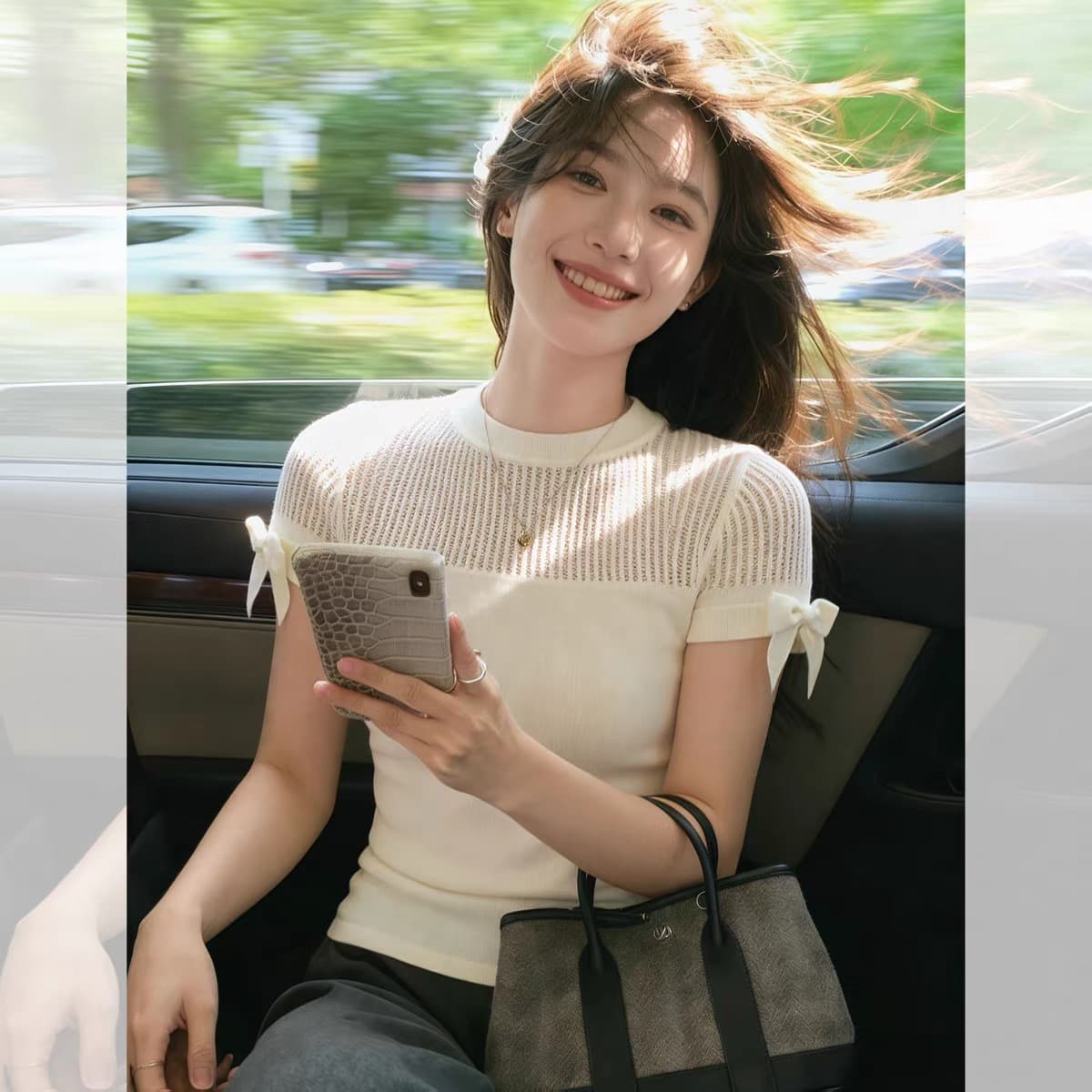 디자인 센스 화이트 홀로우 아웃 작은 날다 소매 긍정적 인 어깨 티셔츠 여성 여름 아름다운 자이언트 잘 생긴 ~ 중 얼음 실크 니트 쇼트 스타일 맨위 이미지 2