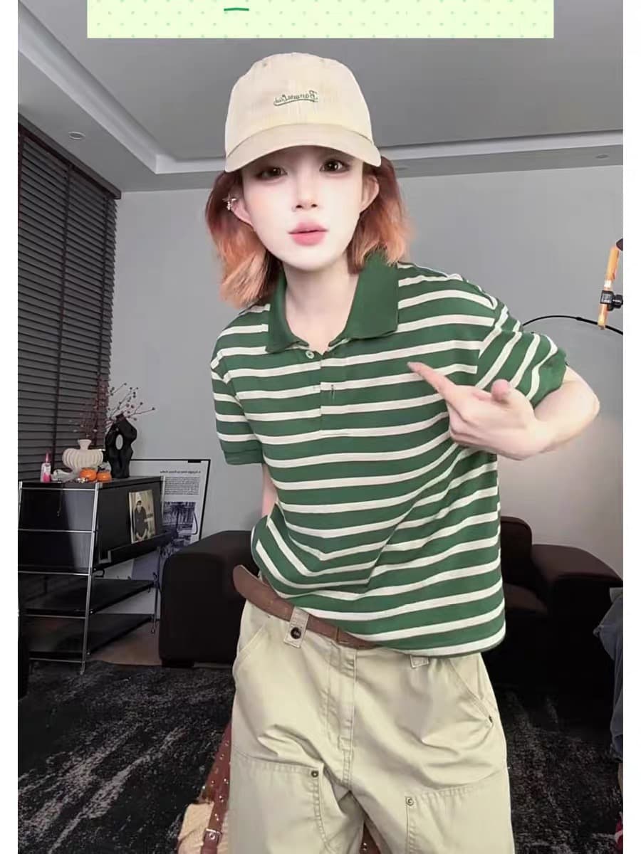 프랑스식 녹색 느긋한 팬 캐주얼 문예 팬 스트라이프 반팔 티셔츠 여성 여름 고급 센스 연령 감소 작은 대중 맨위 상세 이미지 1