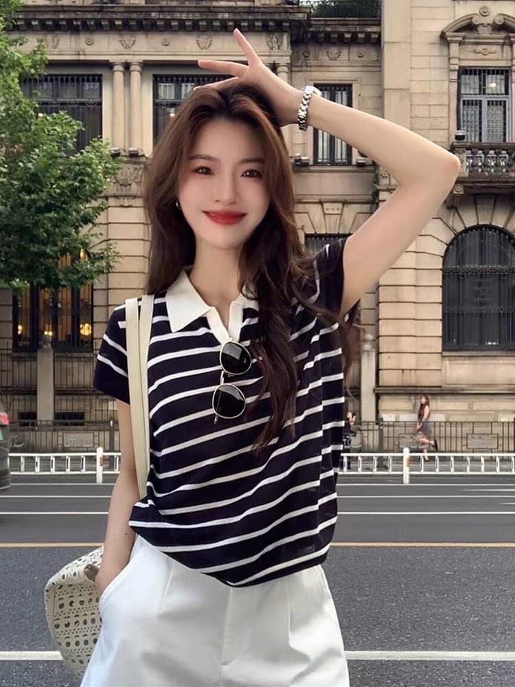 오래된 돈 바람 착용 가져 가라. 스트라이프 긍정적 인 어깨 반팔 티셔츠 여성 여름 얇은 스타일 POLO 셔츠 고유 한 아름다운 그레이트 봐. 의류