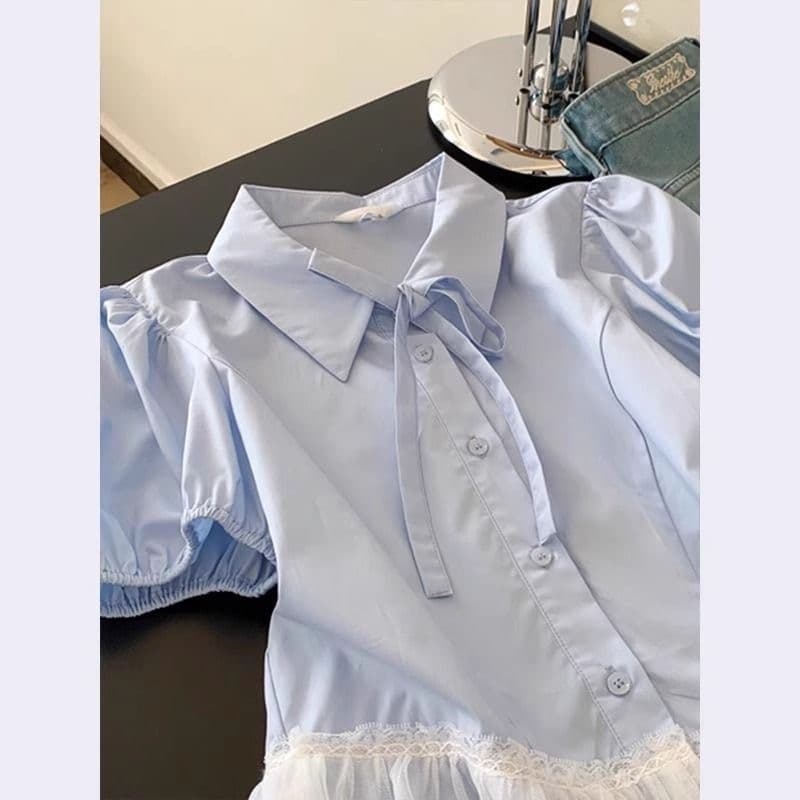 프랑스식 품격 파란색 레이스 밑단 반팔 여성 셔츠 여름 고급 센스 빛 럭셔리 연령 감소 외국 가스 디자인 센스 맨위 이미지 2