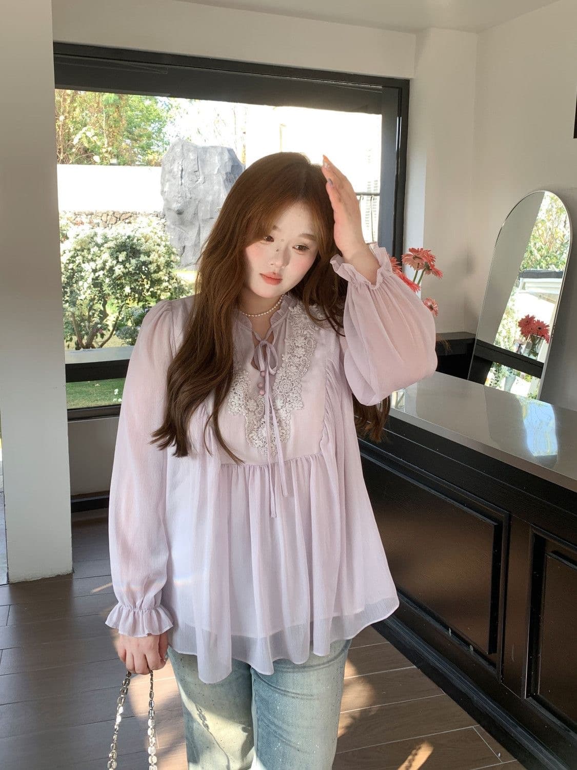 빅 사이즈 여성 의류 지방 mm 프랑스식 쉬폰 부드러운 바람 프릴 레이스 업 셔츠 여름 새로운 캐주얼 슬림해 보이는 맨위 이미지 2