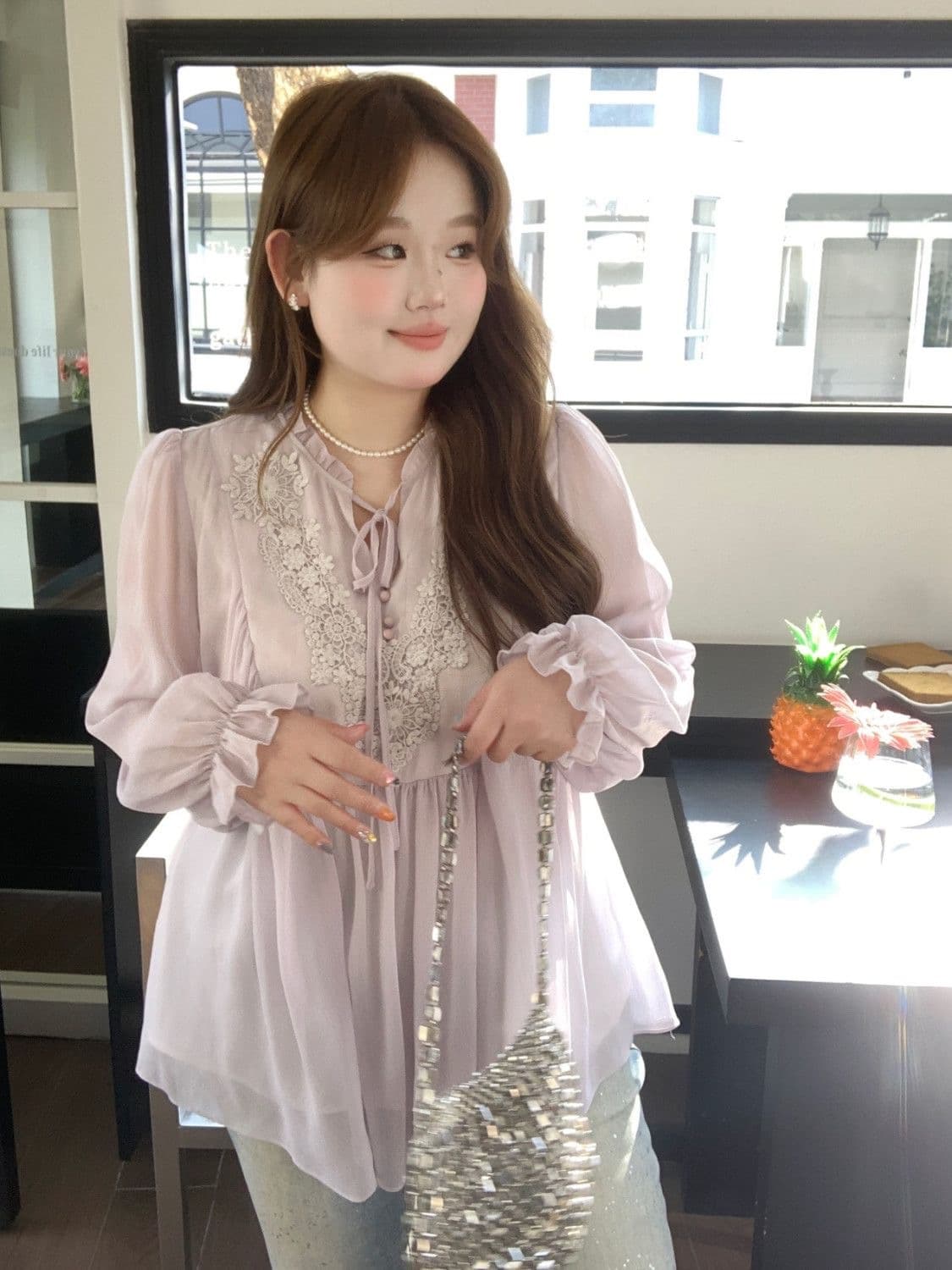 빅 사이즈 여성 의류 지방 mm 프랑스식 쉬폰 부드러운 바람 프릴 레이스 업 셔츠 여름 새로운 캐주얼 슬림해 보이는 맨위