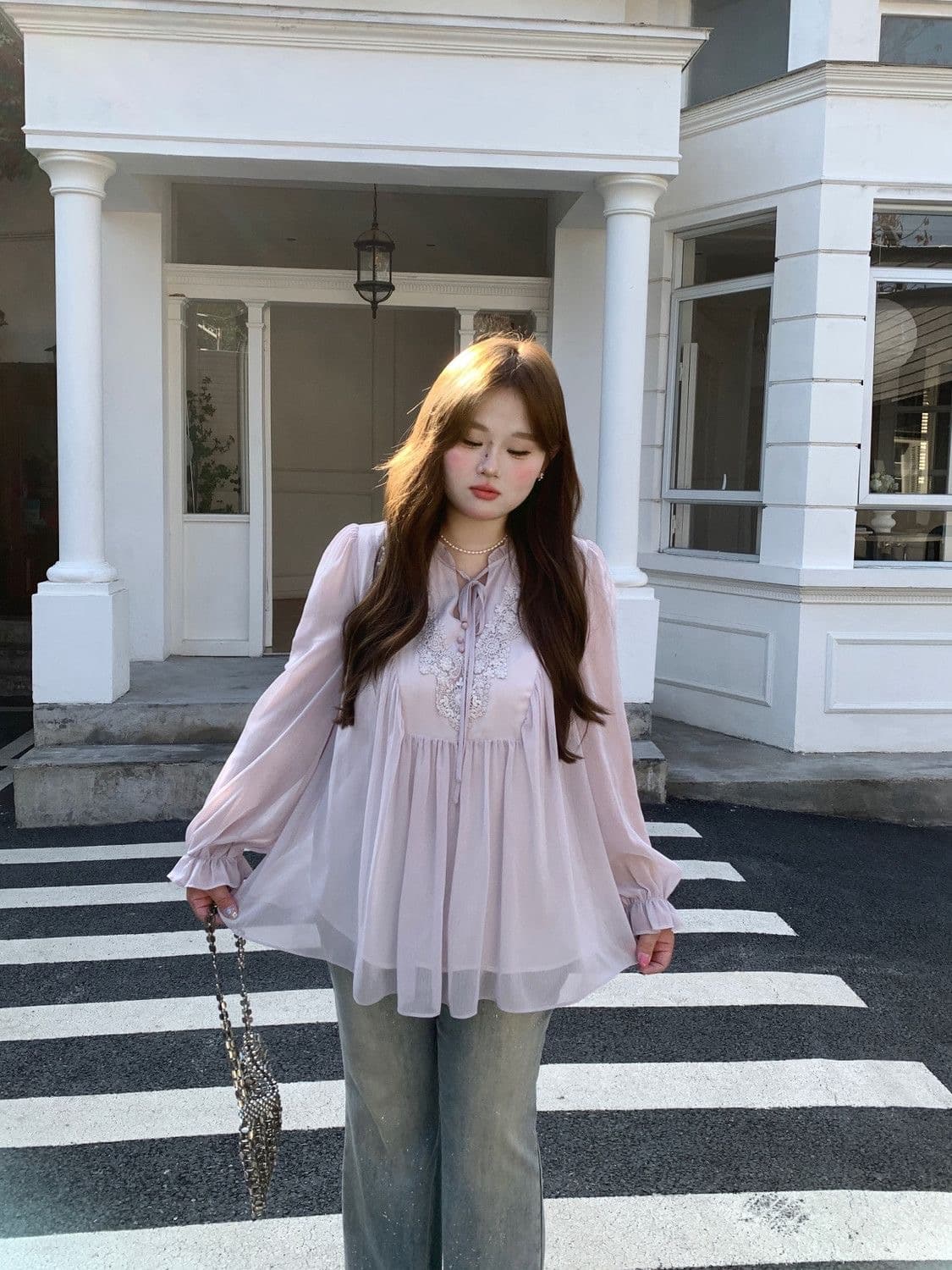 빅 사이즈 여성 의류 지방 mm 프랑스식 쉬폰 부드러운 바람 프릴 레이스 업 셔츠 여름 새로운 캐주얼 슬림해 보이는 맨위 상세 이미지 2