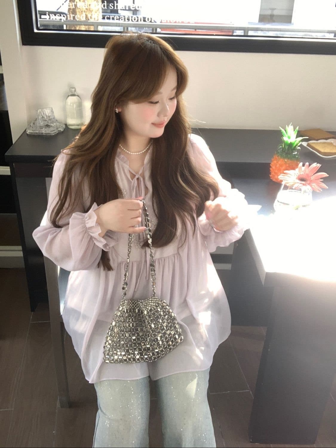 빅 사이즈 여성 의류 지방 mm 프랑스식 쉬폰 부드러운 바람 프릴 레이스 업 셔츠 여름 새로운 캐주얼 슬림해 보이는 맨위 상세 이미지 4