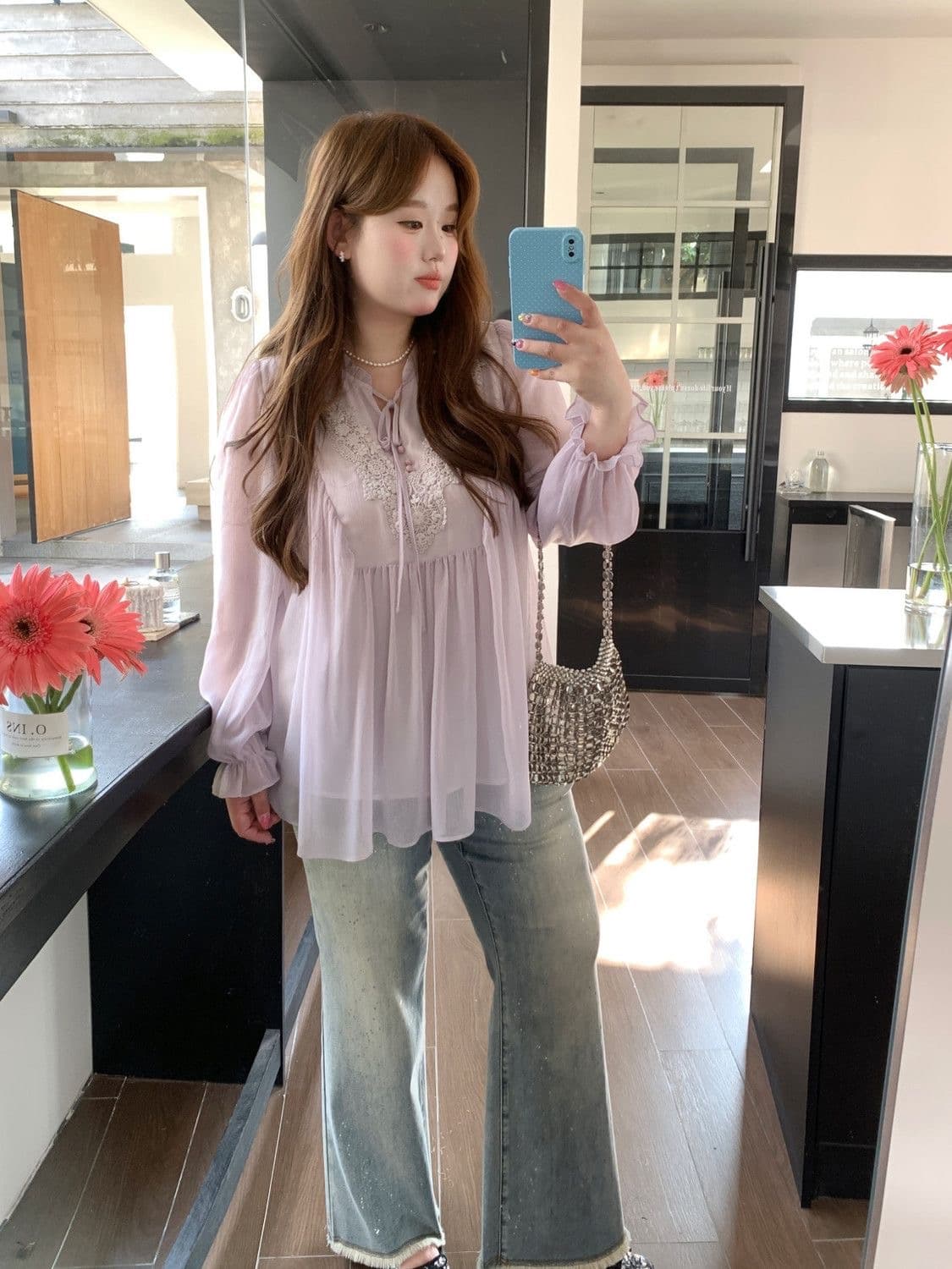 빅 사이즈 여성 의류 지방 mm 프랑스식 쉬폰 부드러운 바람 프릴 레이스 업 셔츠 여름 새로운 캐주얼 슬림해 보이는 맨위 상세 이미지 5