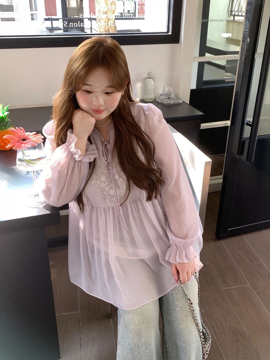빅 사이즈 여성 의류 지방 mm 프랑스식 쉬폰 부드러운 바람 프릴 레이스 업 셔츠 여름 새로운 캐주얼 슬림해 보이는 맨위 상세 이미지 6