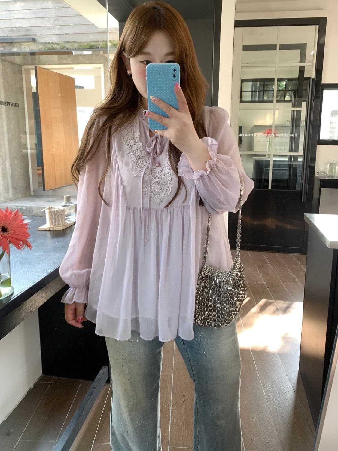 빅 사이즈 여성 의류 지방 mm 프랑스식 쉬폰 부드러운 바람 프릴 레이스 업 셔츠 여름 새로운 캐주얼 슬림해 보이는 맨위 상세 이미지 7