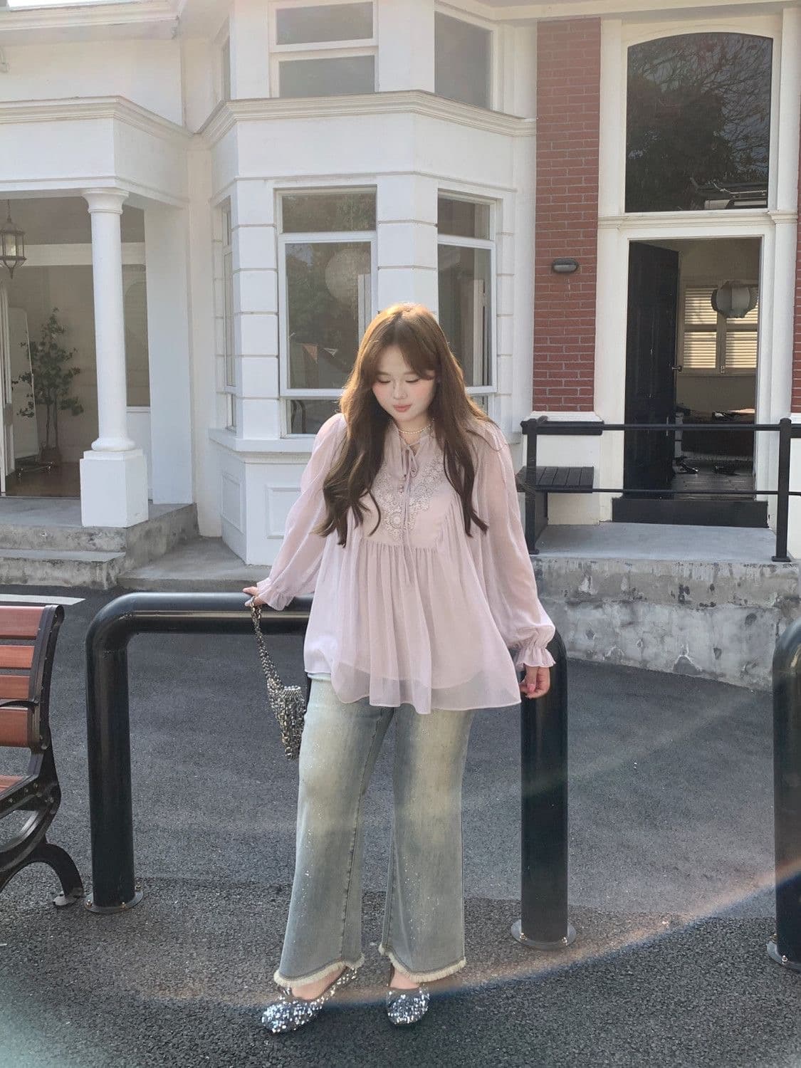 빅 사이즈 여성 의류 지방 mm 프랑스식 쉬폰 부드러운 바람 프릴 레이스 업 셔츠 여름 새로운 캐주얼 슬림해 보이는 맨위 상세 이미지 8