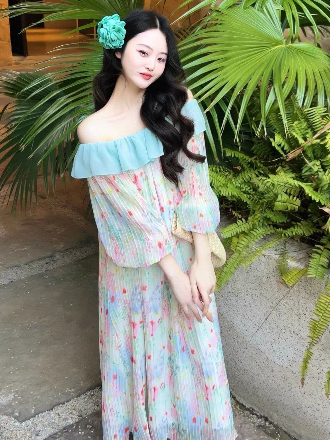 빅 사이즈 여성 의류 지방 mm 프랑스식 박하 녹색 주름 프릴 루즈핏 드레스 여름 꽃무늬 휴가 길다 치마 이미지 3