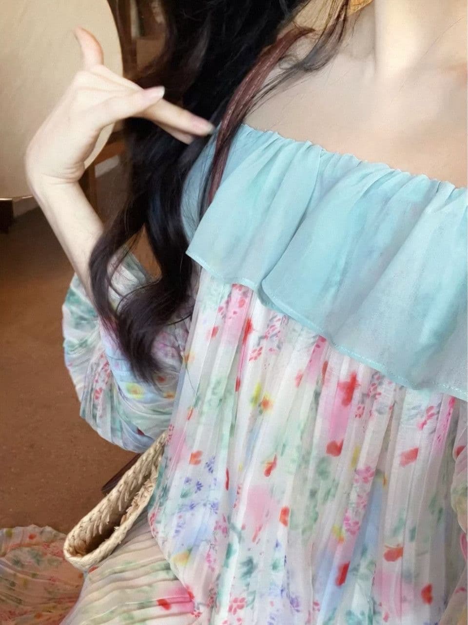 빅 사이즈 여성 의류 지방 mm 프랑스식 박하 녹색 주름 프릴 루즈핏 드레스 여름 꽃무늬 휴가 길다 치마 이미지 2