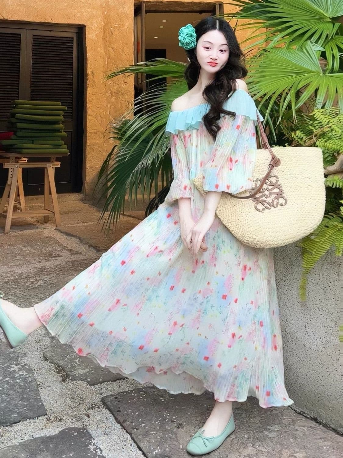 빅 사이즈 여성 의류 지방 mm 프랑스식 박하 녹색 주름 프릴 루즈핏 드레스 여름 꽃무늬 휴가 길다 치마 상세 이미지 1