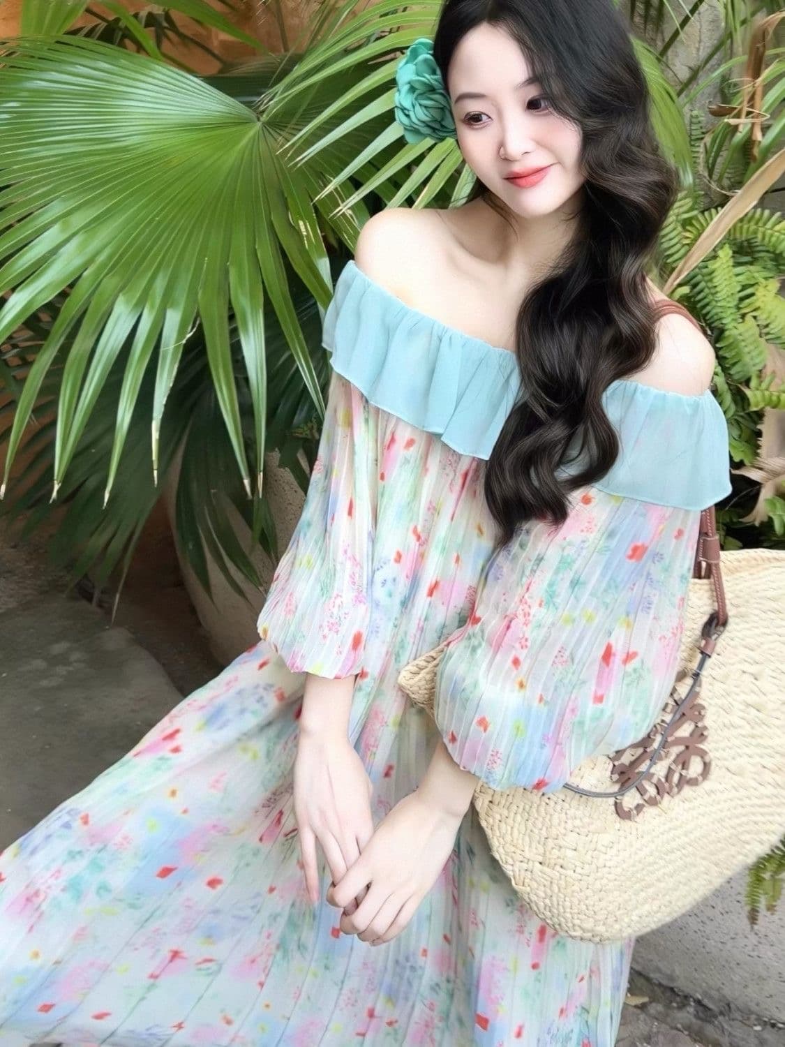 빅 사이즈 여성 의류 지방 mm 프랑스식 박하 녹색 주름 프릴 루즈핏 드레스 여름 꽃무늬 휴가 길다 치마 상세 이미지 2
