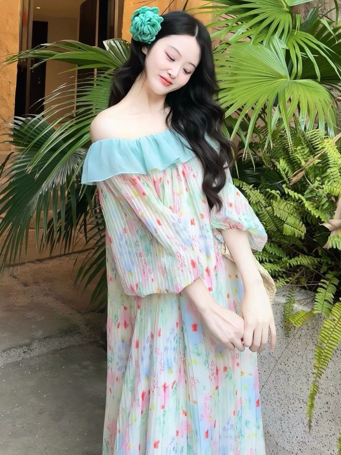빅 사이즈 여성 의류 지방 mm 프랑스식 박하 녹색 주름 프릴 루즈핏 드레스 여름 꽃무늬 휴가 길다 치마 상세 이미지 4