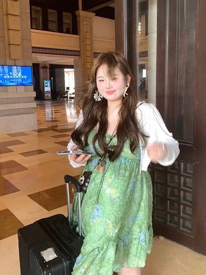 빅 사이즈 여성 의류 지방 mm 프랑스식 프릴 녹색 슬립 드레스 여름 새로운 루즈핏 휴가 느긋한 치마