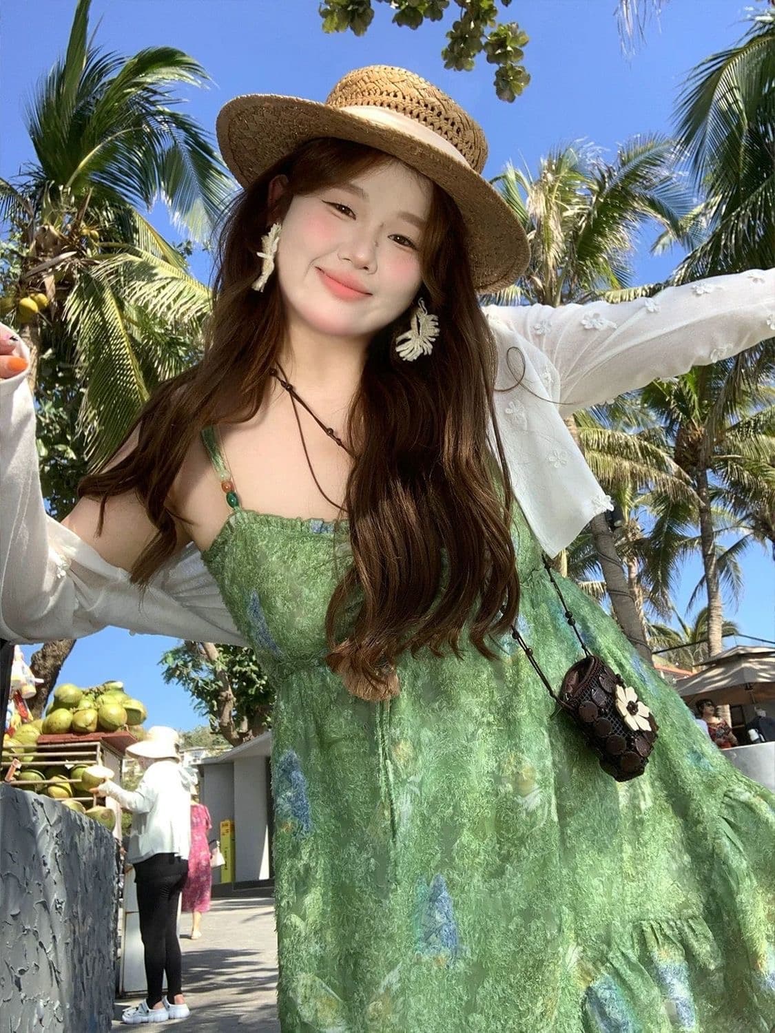 빅 사이즈 여성 의류 지방 mm 프랑스식 프릴 녹색 슬립 드레스 여름 새로운 루즈핏 휴가 느긋한 치마 이미지 4