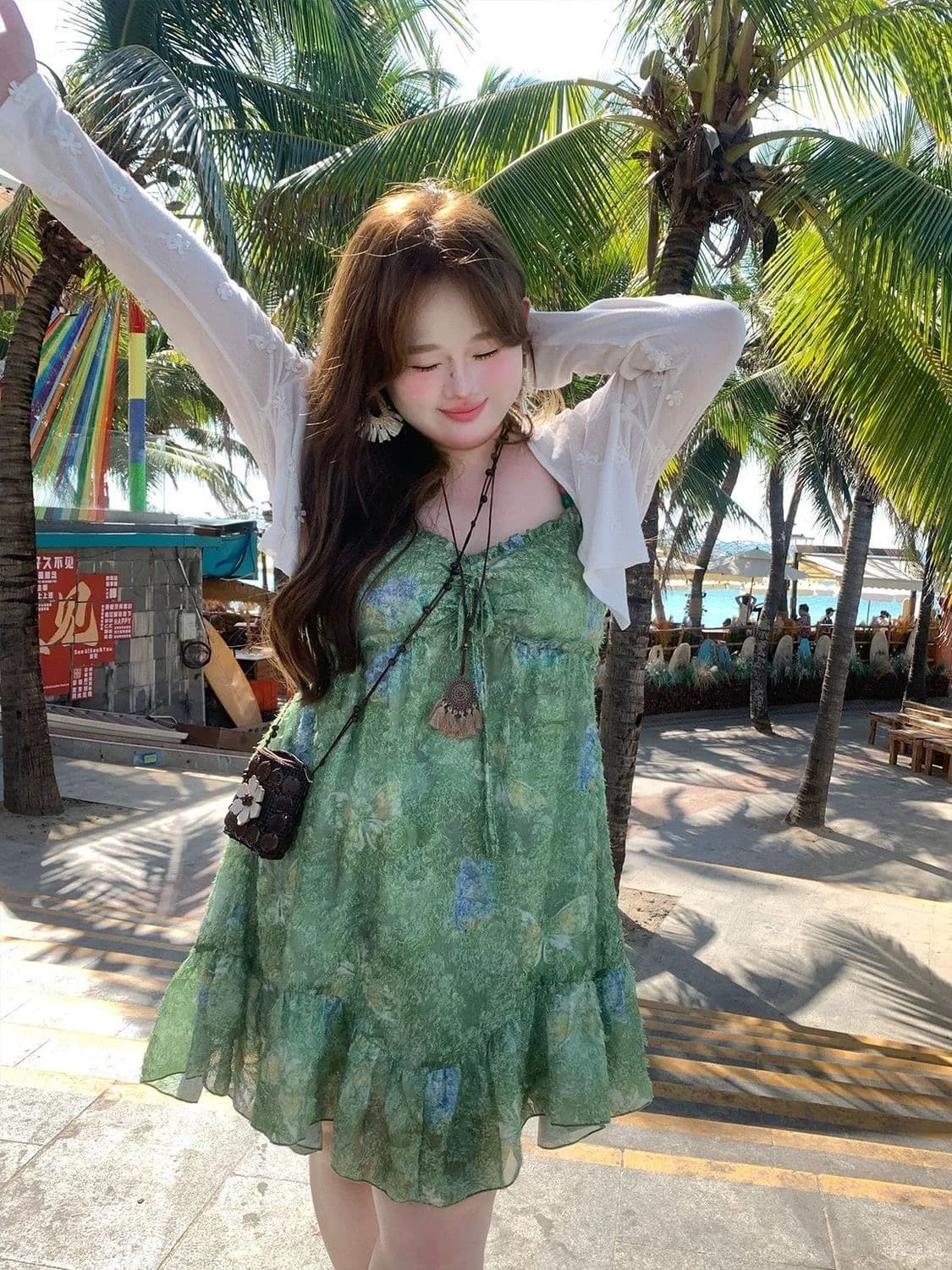 빅 사이즈 여성 의류 지방 mm 프랑스식 프릴 녹색 슬립 드레스 여름 새로운 루즈핏 휴가 느긋한 치마 상세 이미지 1