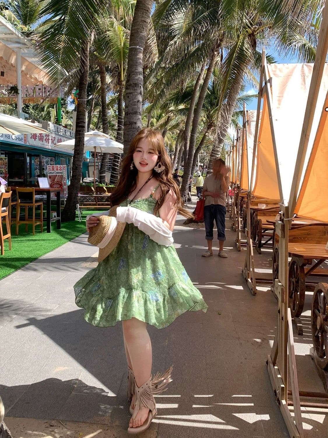 빅 사이즈 여성 의류 지방 mm 프랑스식 프릴 녹색 슬립 드레스 여름 새로운 루즈핏 휴가 느긋한 치마 상세 이미지 2