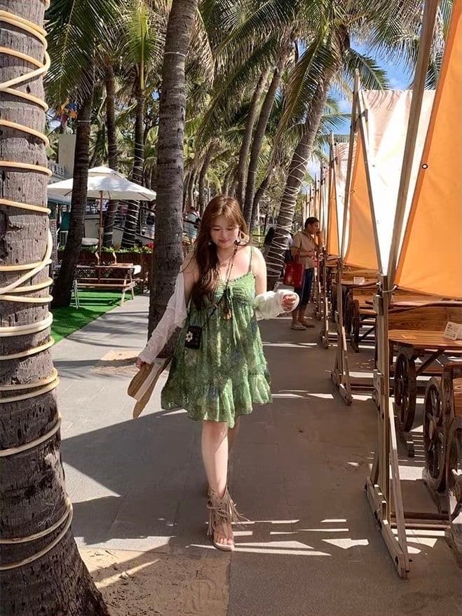 빅 사이즈 여성 의류 지방 mm 프랑스식 프릴 녹색 슬립 드레스 여름 새로운 루즈핏 휴가 느긋한 치마 상세 이미지 6