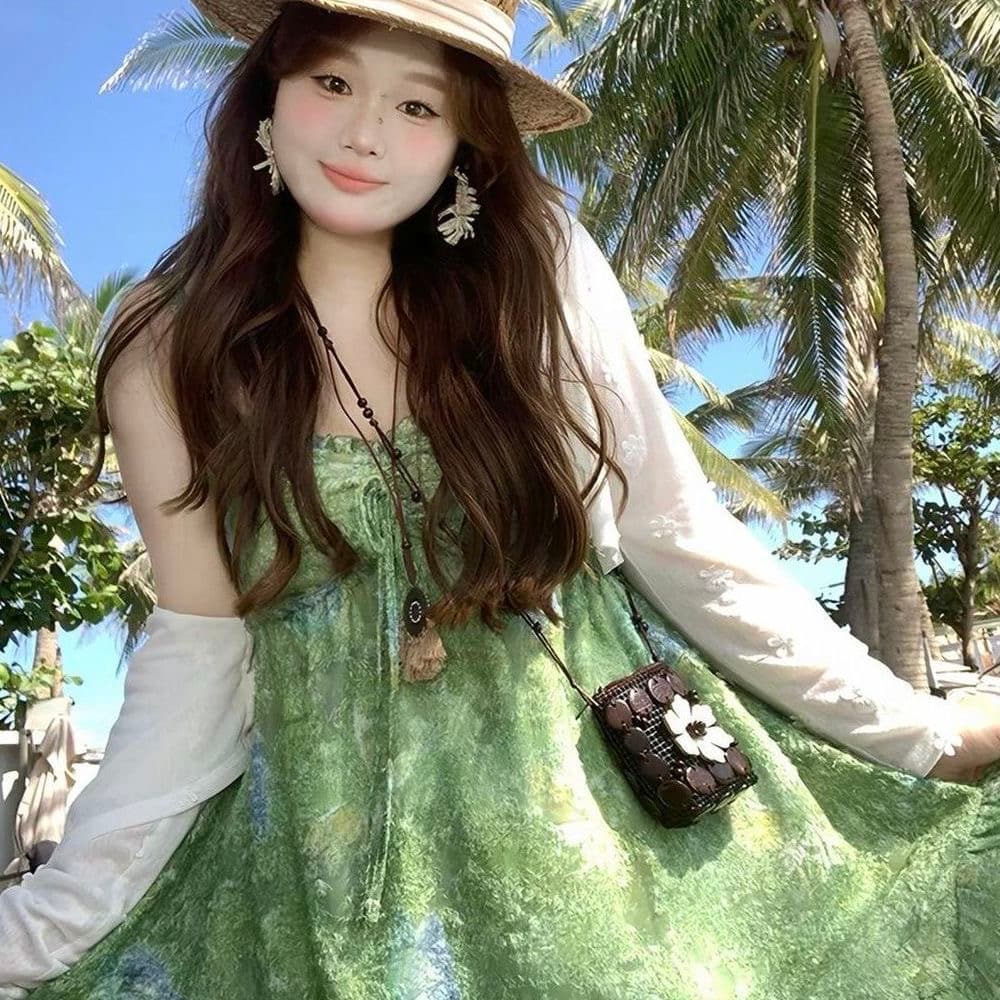 빅 사이즈 여성 의류 지방 mm 프랑스식 프릴 녹색 슬립 드레스 여름 새로운 루즈핏 휴가 느긋한 치마 상세 이미지 9