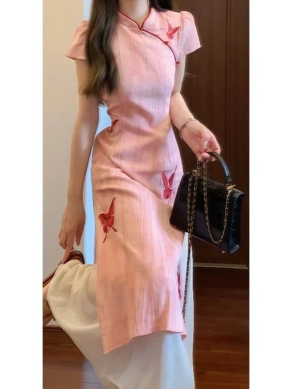 새로운 중식 국풍 핑크색 나비 프린트 치파오 개선 드레스 영 섹션 소녀 페이크 레이어드 품격 롱 스커트 이미지 2