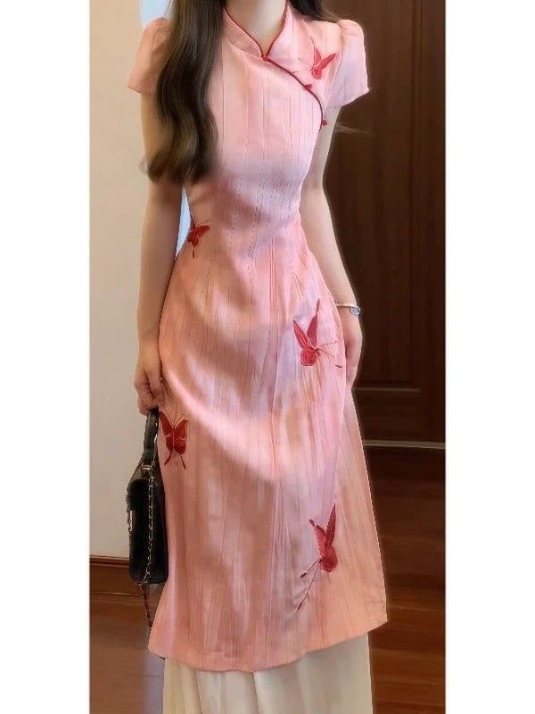 새로운 중식 국풍 핑크색 나비 프린트 치파오 개선 드레스 영 섹션 소녀 페이크 레이어드 품격 롱 스커트 상세 이미지 3