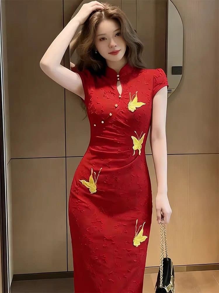 여름 새로운 중식 스탠드 칼라 반팔 나비 자수 허리 수축 빨간색 롱 코트 드레스 위엄있는 우아함 품격 여성 의류 상세 이미지 2