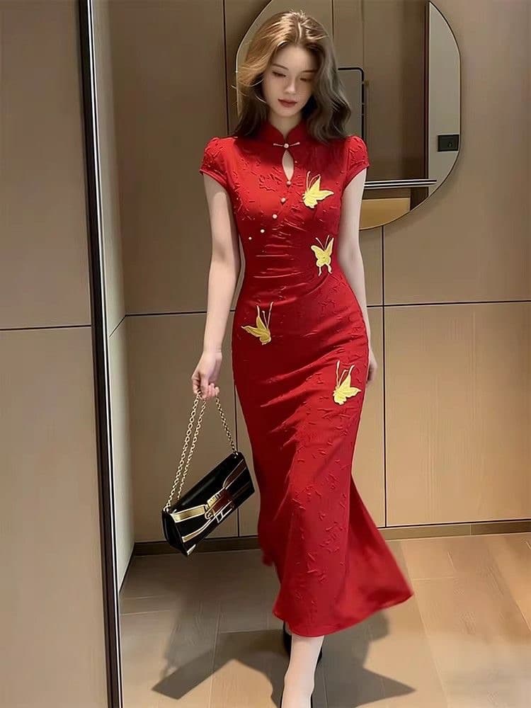 여름 새로운 중식 스탠드 칼라 반팔 나비 자수 허리 수축 빨간색 롱 코트 드레스 위엄있는 우아함 품격 여성 의류 상세 이미지 4
