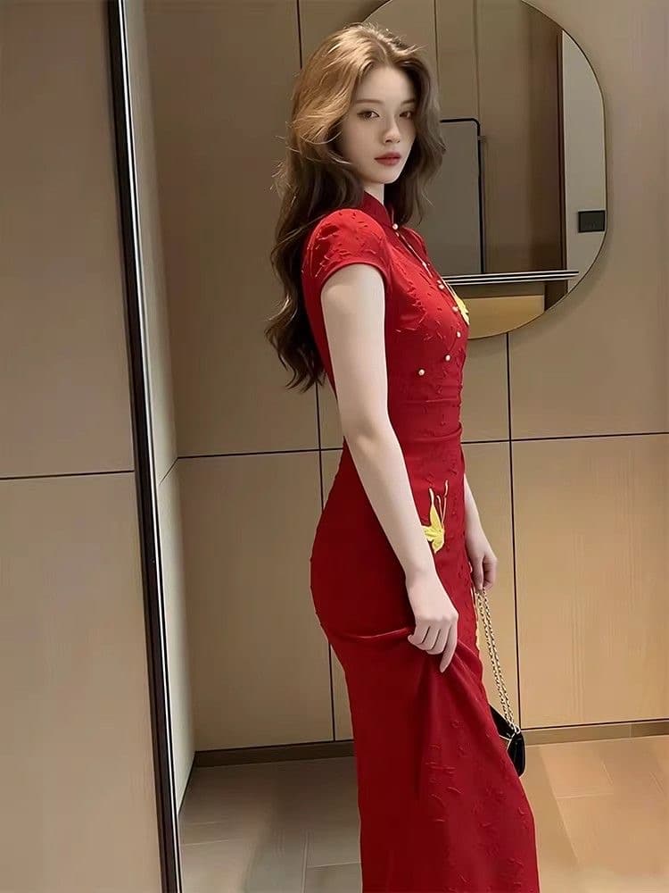 여름 새로운 중식 스탠드 칼라 반팔 나비 자수 허리 수축 빨간색 롱 코트 드레스 위엄있는 우아함 품격 여성 의류 상세 이미지 5