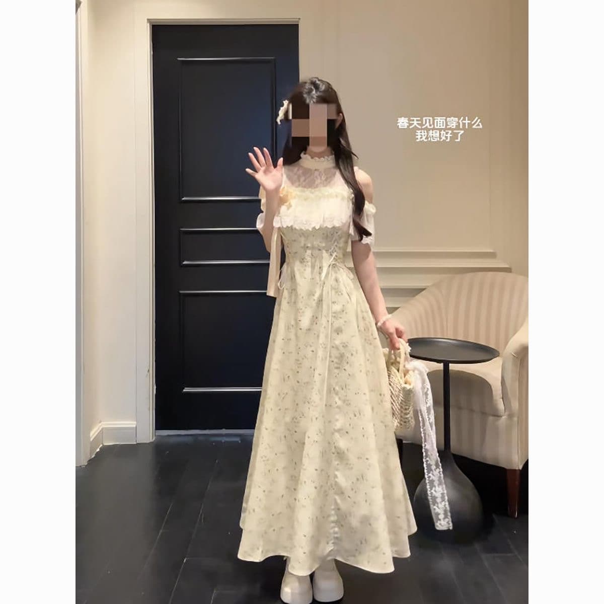 여름 클리어 부서 달콤함 작은 천 골드 꽃무늬 레이스 드레스 작은 대중 부드러운 귀여운 허리 수축 슬림해 보이는 롱 스커트 여성 상세 이미지 1