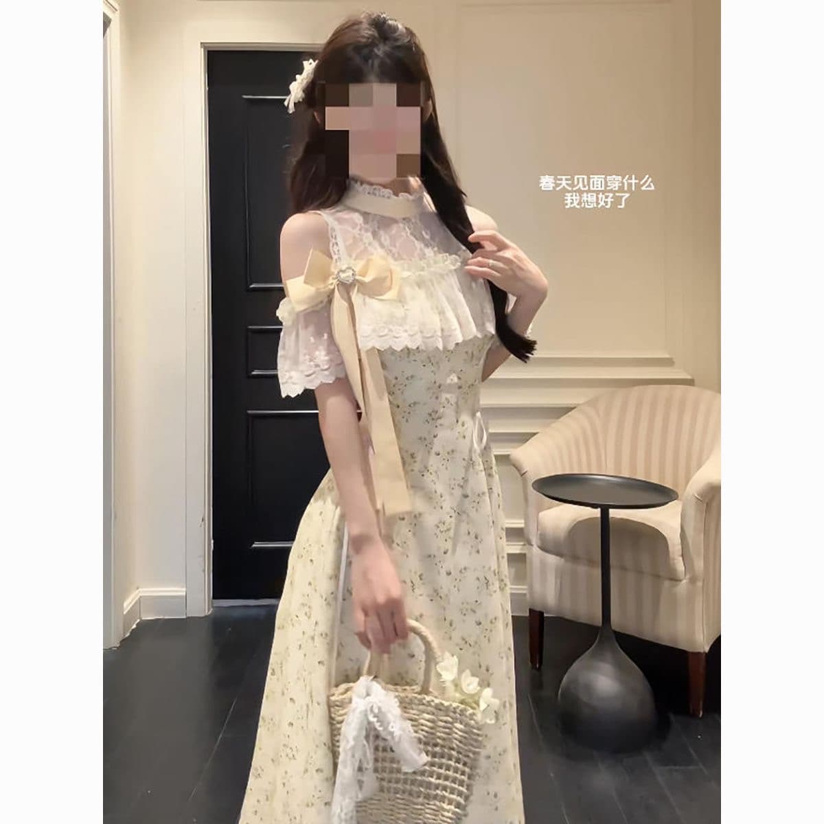 여름 클리어 부서 달콤함 작은 천 골드 꽃무늬 레이스 드레스 작은 대중 부드러운 귀여운 허리 수축 슬림해 보이는 롱 스커트 여성 상세 이미지 5
