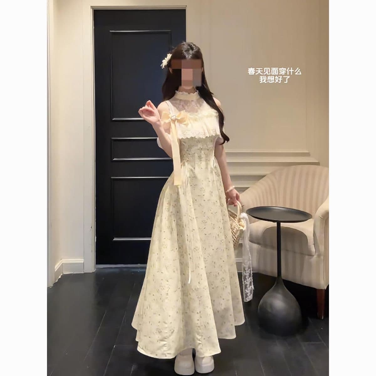 여름 클리어 부서 달콤함 작은 천 골드 꽃무늬 레이스 드레스 작은 대중 부드러운 귀여운 허리 수축 슬림해 보이는 롱 스커트 여성 상세 이미지 6