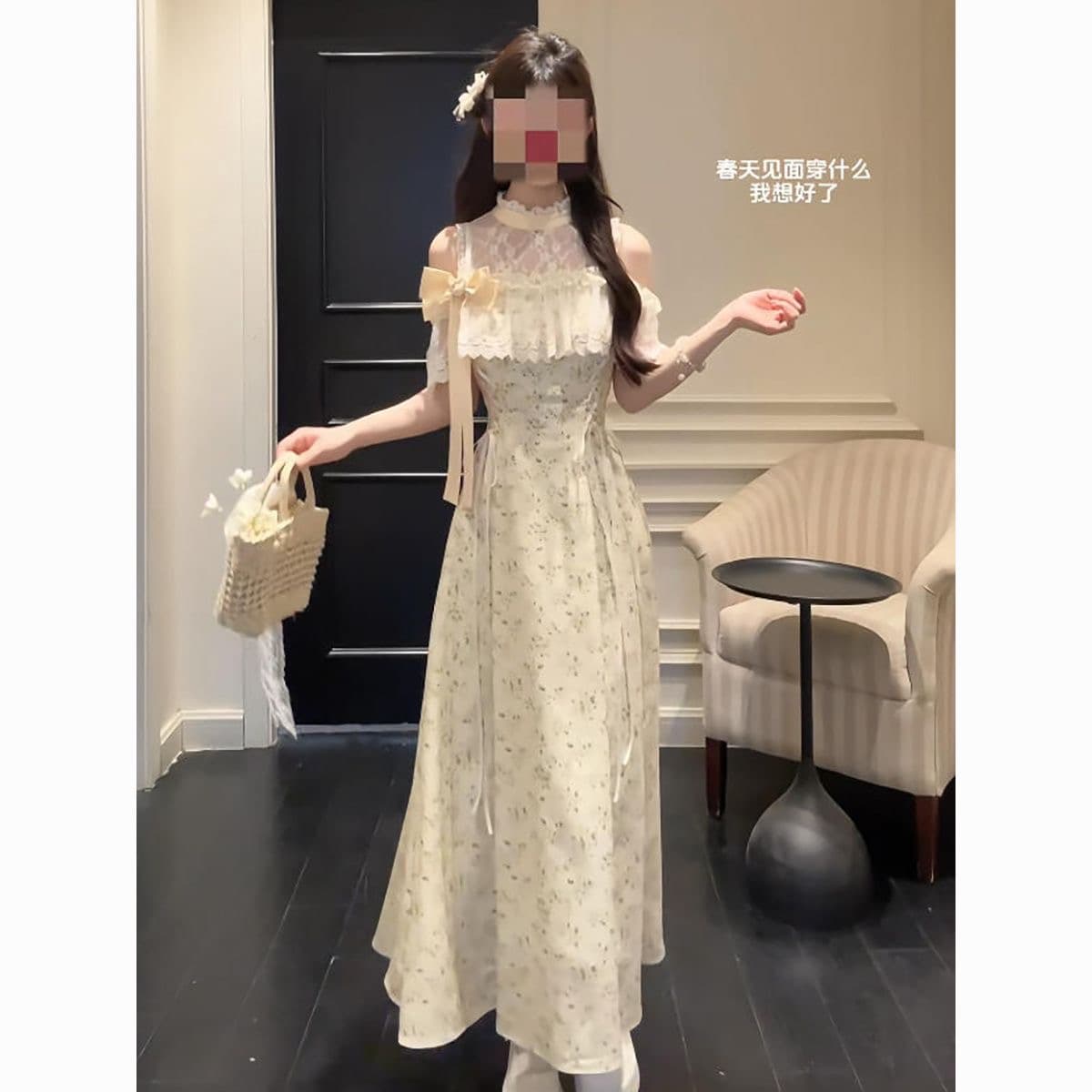 여름 클리어 부서 달콤함 작은 천 골드 꽃무늬 레이스 드레스 작은 대중 부드러운 귀여운 허리 수축 슬림해 보이는 롱 스커트 여성 상세 이미지 7
