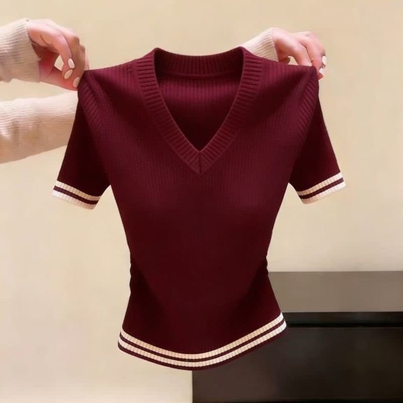 작은 키 레트로 chic 외국 가스 V넥 반팔 니트 스웨터 여성 여름 새로운 슈퍼 잘 생긴 몸매 가꾸기 슬림해 보이는 맨위 이미지 4