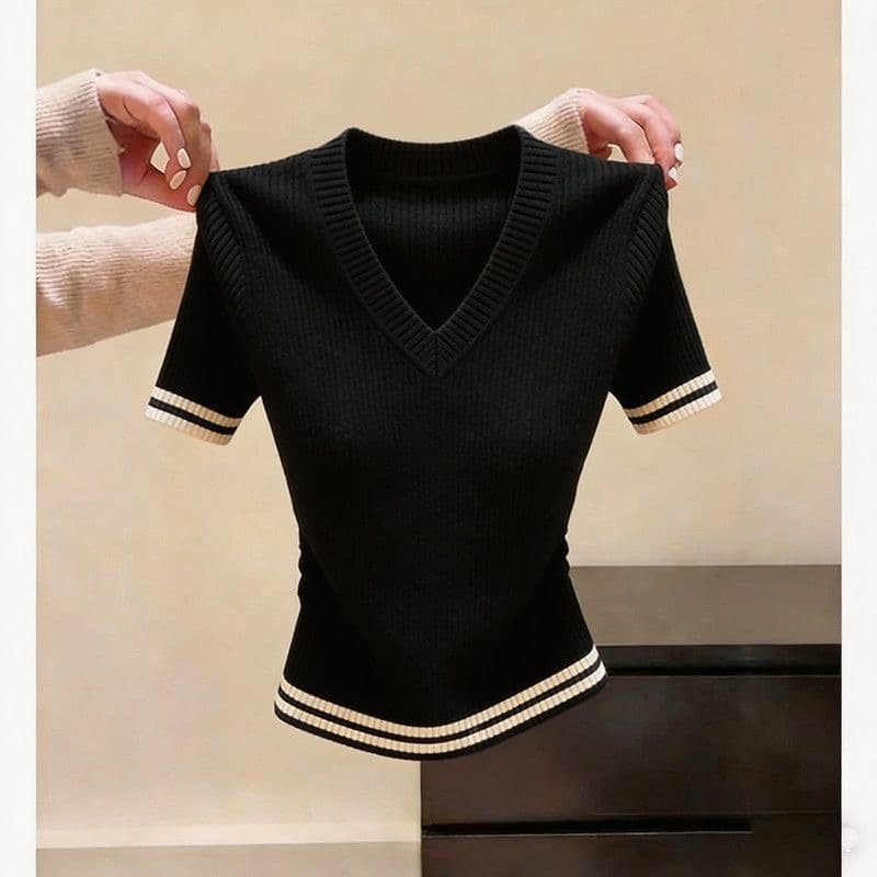 작은 키 레트로 chic 외국 가스 V넥 반팔 니트 스웨터 여성 여름 새로운 슈퍼 잘 생긴 몸매 가꾸기 슬림해 보이는 맨위 상세 이미지 7