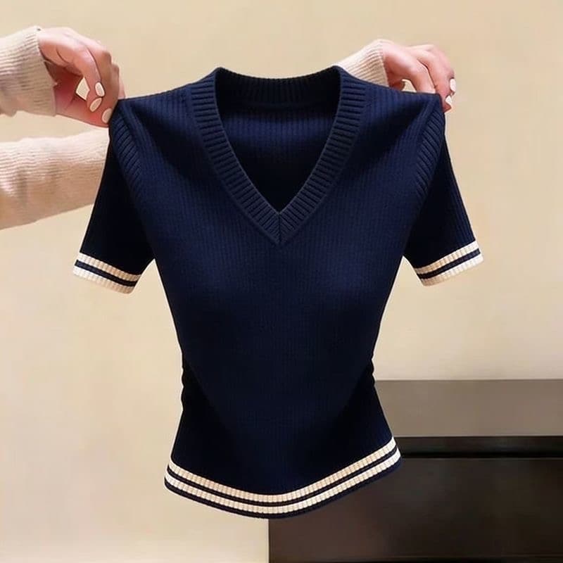 작은 키 레트로 chic 외국 가스 V넥 반팔 니트 스웨터 여성 여름 새로운 슈퍼 잘 생긴 몸매 가꾸기 슬림해 보이는 맨위 상세 이미지 12