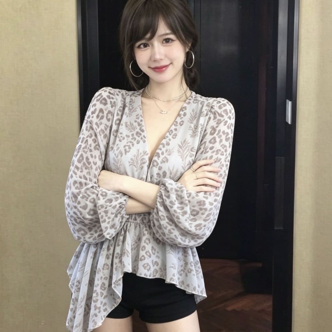 레오파드 무늬 V 넥 셔츠 여성 2026 새로운 여름 연령 감소 외국 가스 불규칙 표지 배 허리 수축 쉬폰 톱 이미지 4
