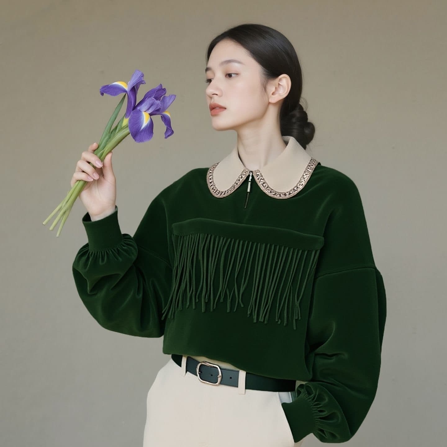 슈퍼 잘 생긴 짙은 녹색 후드티 여성 2025 조기 가을 프랑스식 사소한 달콤함 연령 감소 긴팔 술 폴로 칼라 맨위 이미지 2