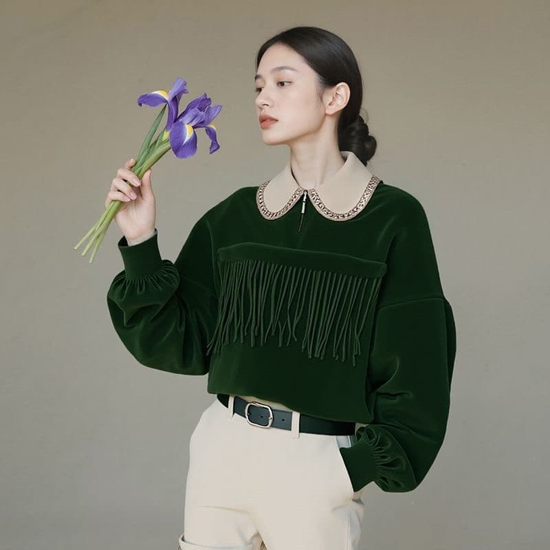 슈퍼 잘 생긴 짙은 녹색 후드티 여성 2025 조기 가을 프랑스식 사소한 달콤함 연령 감소 긴팔 술 폴로 칼라 맨위 이미지 3