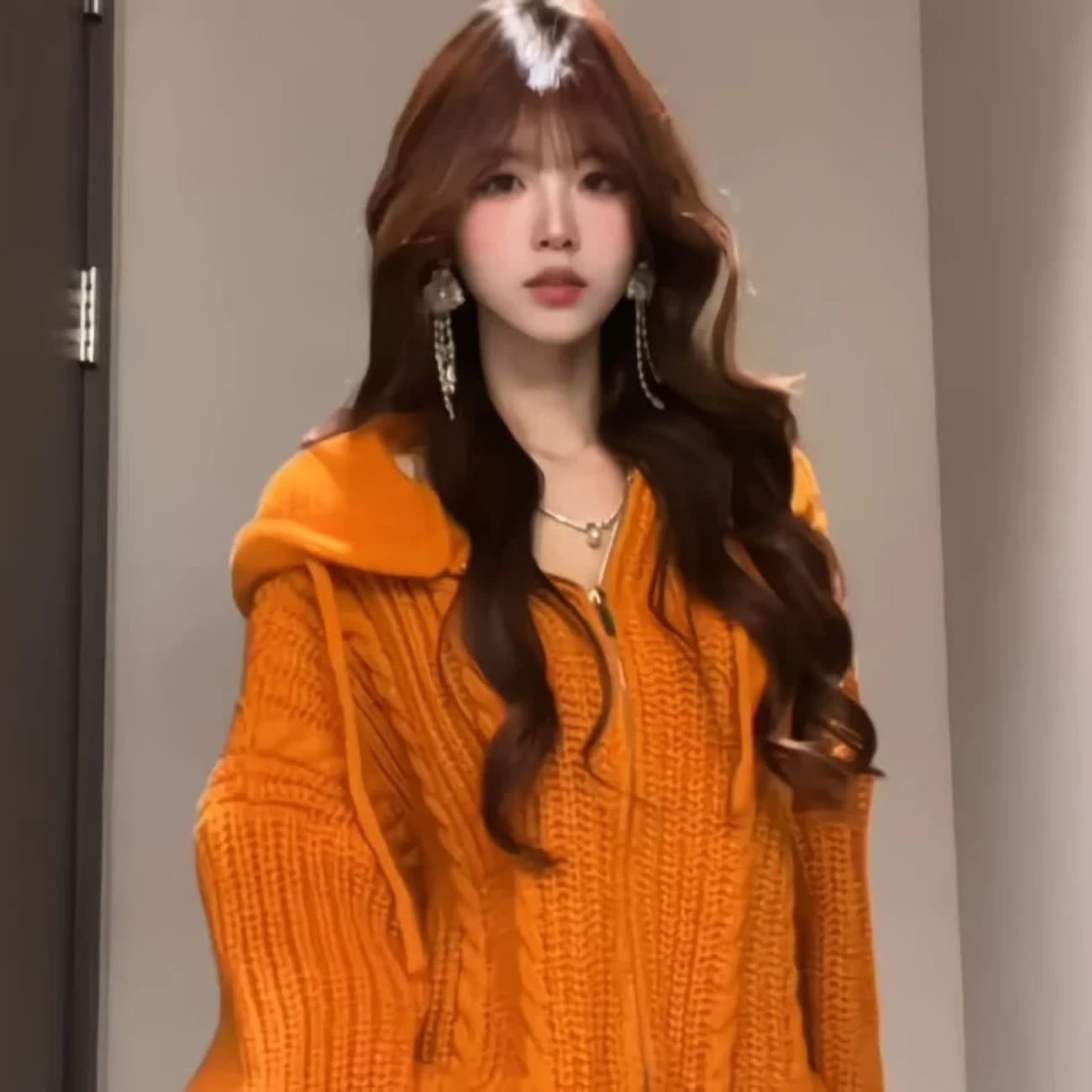 아메리칸 느긋한 바람 캐주얼 후드 지퍼 니트 오픈 가디건 스웨터 여자 가을 겨울 와이드 부드러운 찹쌀 두꺼운 선 모자 셔츠 재킷 상세 이미지 7