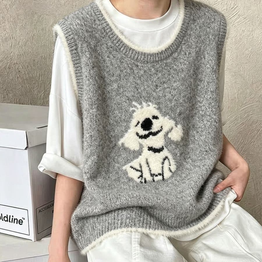 한 부서 강아지 스택 착용 민소매 베스트 조끼 자카드 새로운 루즈핏 니트 외출용 다용도 연령 감소 맨위 여성 상세 이미지 7