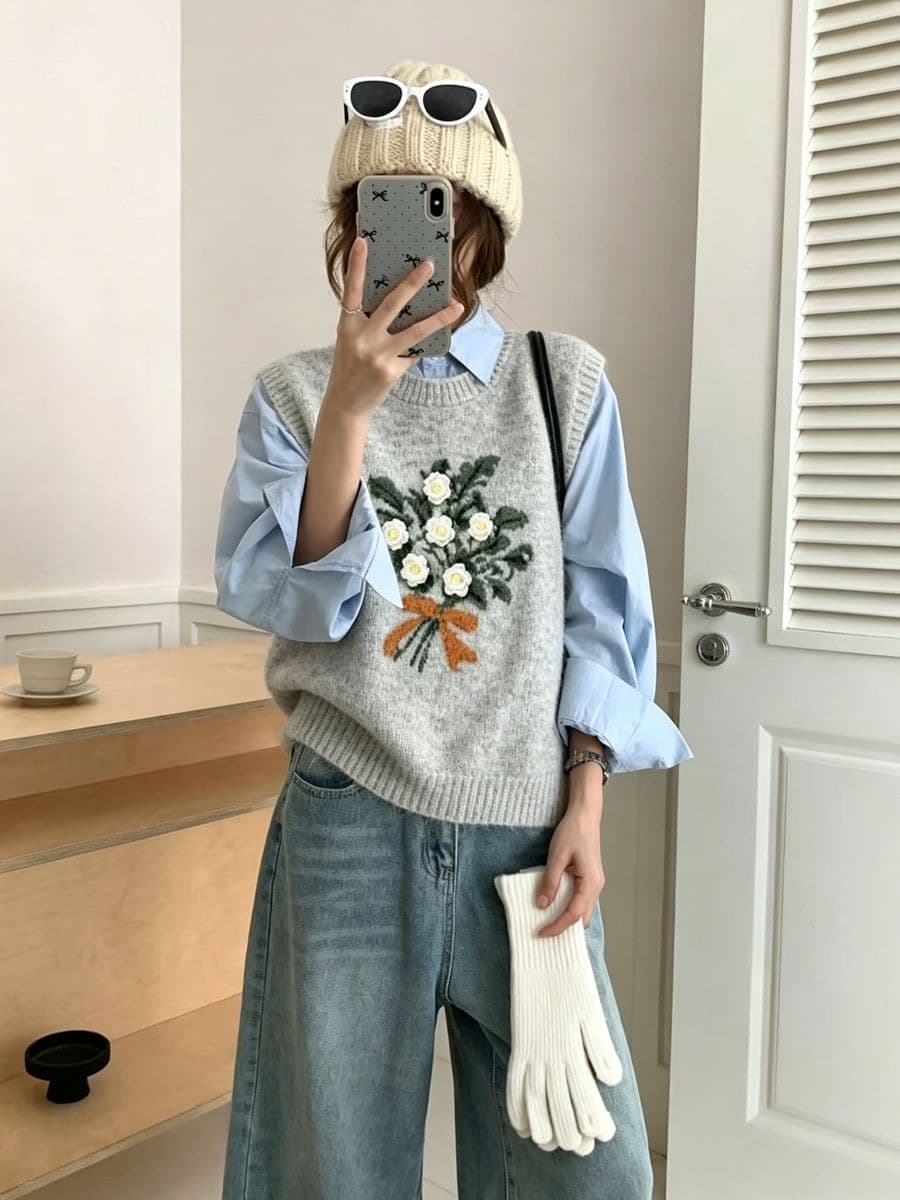 한 부서 새로운 손 보류 꽃 디자인 3 차원 꽃 스웨터 라운드 넥 루즈핏 가을 겨울 니트 스웨터 베스트 조끼 맨위 이미지 4