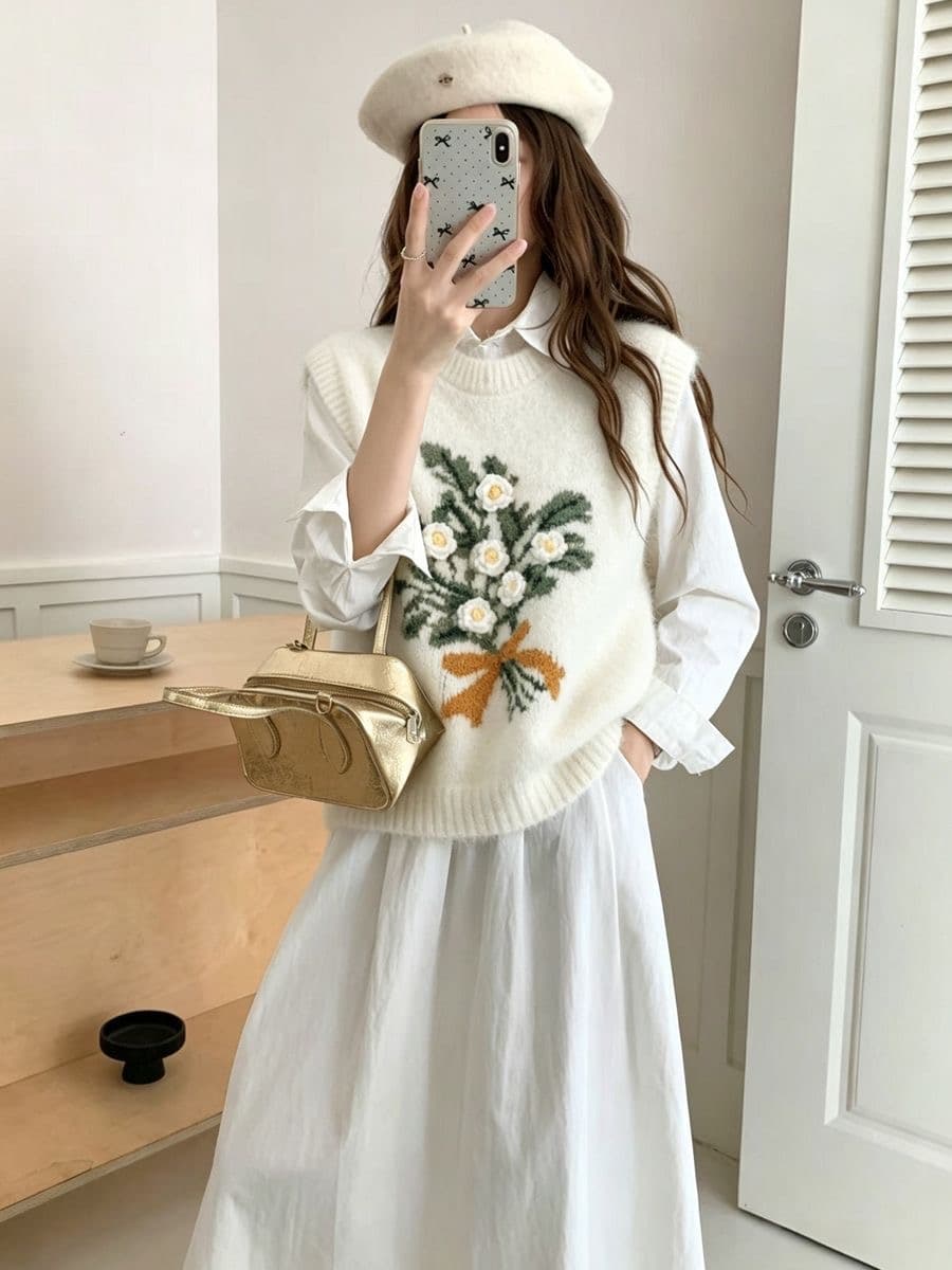 한 부서 새로운 손 보류 꽃 디자인 3 차원 꽃 스웨터 라운드 넥 루즈핏 가을 겨울 니트 스웨터 베스트 조끼 맨위 상세 이미지 3
