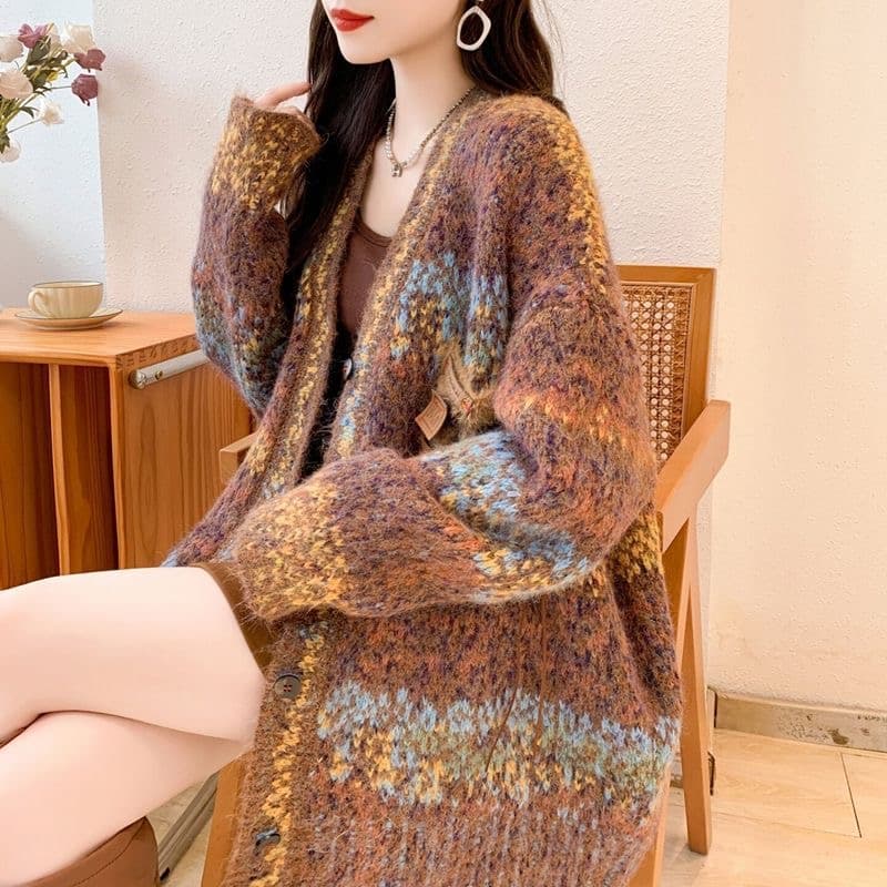 피카소 디자인 센스 자이언트 잘 생긴 니트 재킷 여성 의류 가을 겨울 새로운 루즈핏 느긋한 바람 레트로 스웨터 오픈 가디건 상세 이미지 7