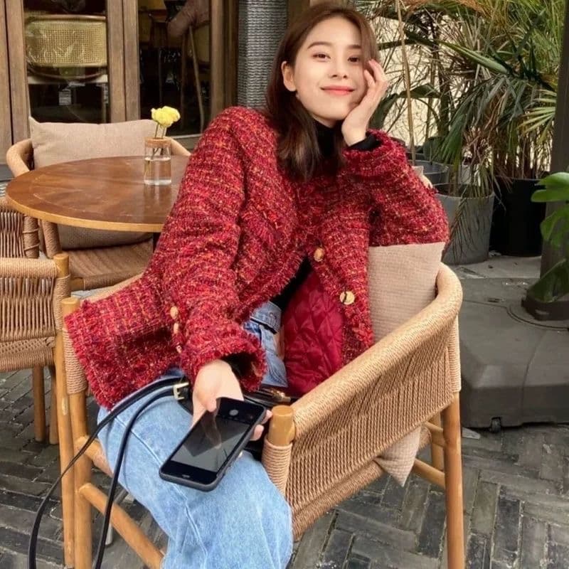빨간색 작은 샤넬 스타일 패션 여성 코트 가을 겨울 새로운 작은 키 솜을 넣은 프랑스식 고급 센스 짧은 맨위 상세 이미지 2